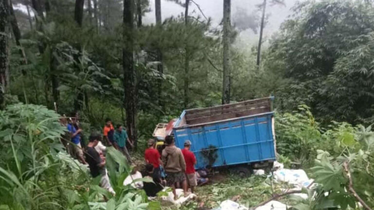 Truk pengankut pupuk terjung ke jurang lantaran tak kuat nanjak. (Foto/Istimewa)