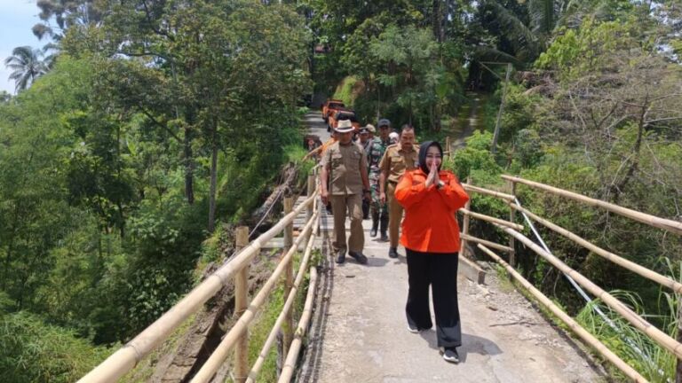 Plt Bupati Ponorogo Lisdyarita bersama Komisi DPRD Provinsi dan Miseri Effendi mengecel jembatan yang sering longsor di mana saat ini kondisinya sangat rawan putus total. (Gema Surya/Yudi)